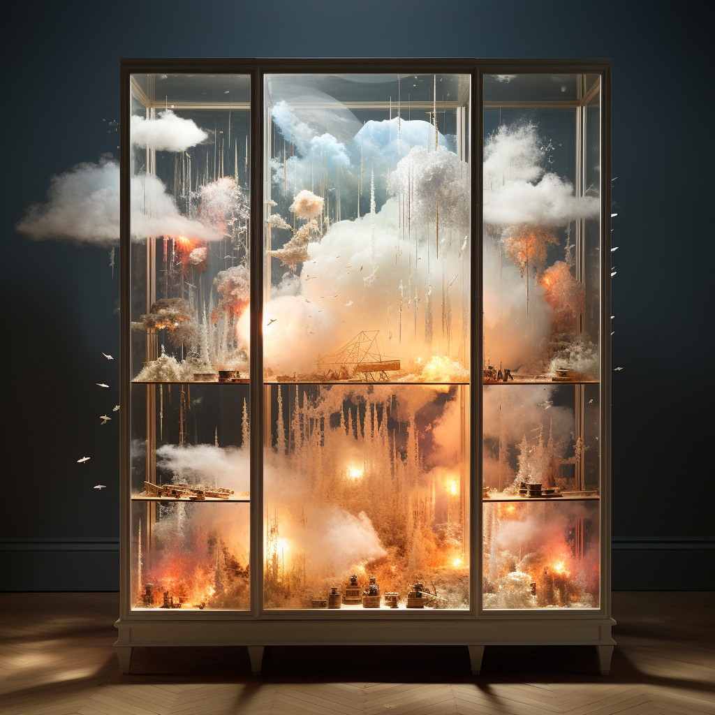 3D installation art with sun beams and cotton clouds