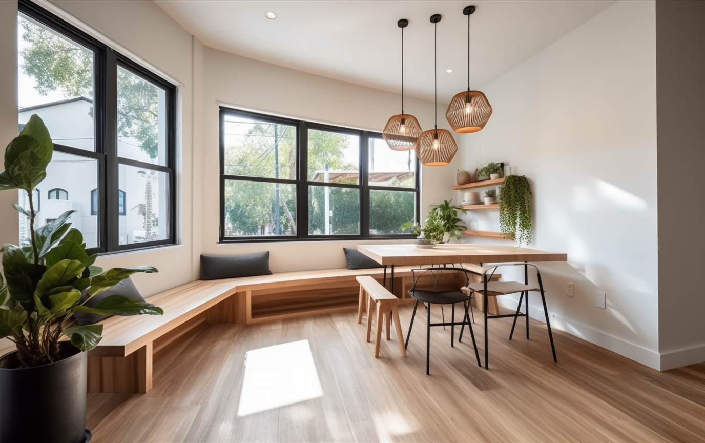 A room with corner bench seating, wood table, and spider plants