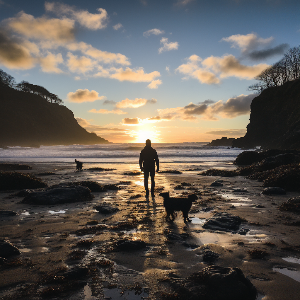 Lone dog walking on Cornish beach in winter