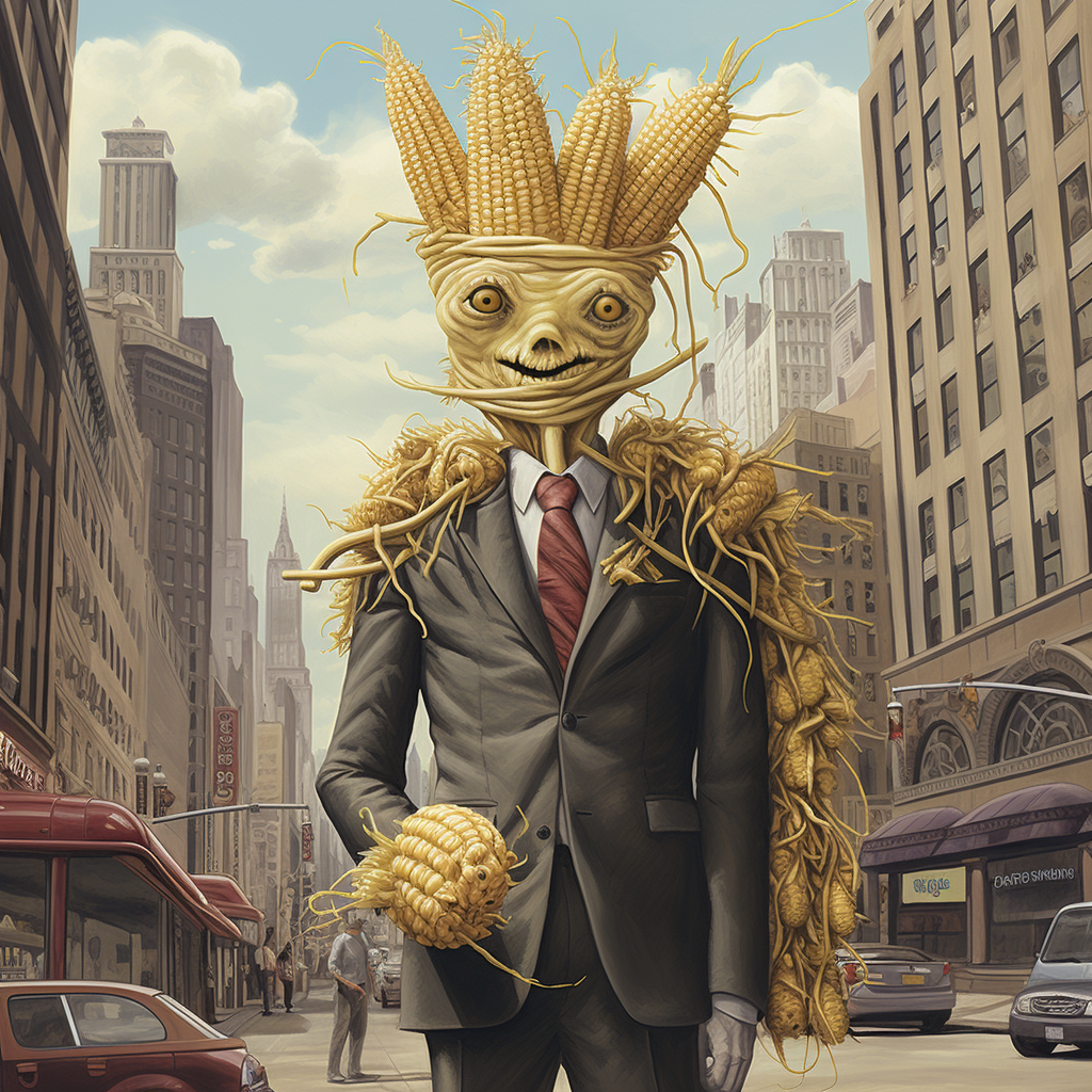 Cartoon Cornman with Cornhusk Suit