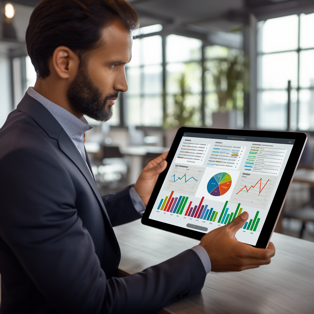 Corporate Executive using Data-Driven Dashboard on Tablet