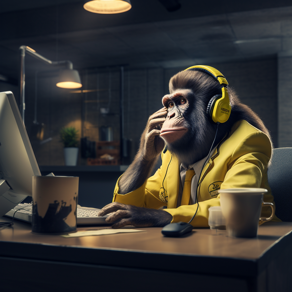 Corporate monkey in sales center talking on banana phone