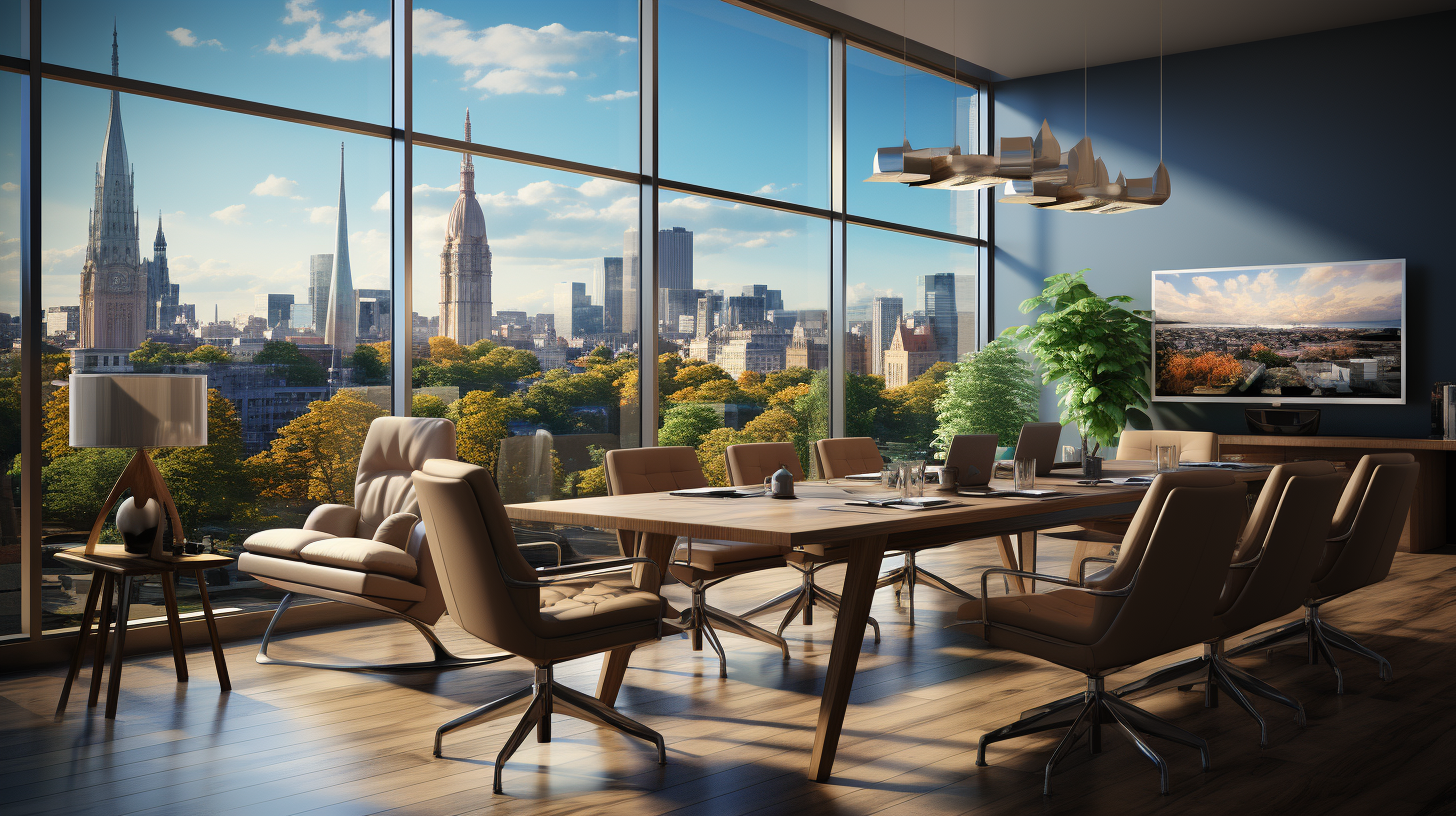 Corporate office decor with table, leather chairs, city view, and TV