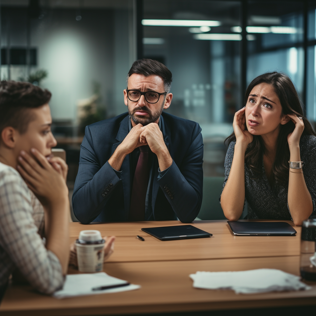Corporate training meeting with happy man and upset women