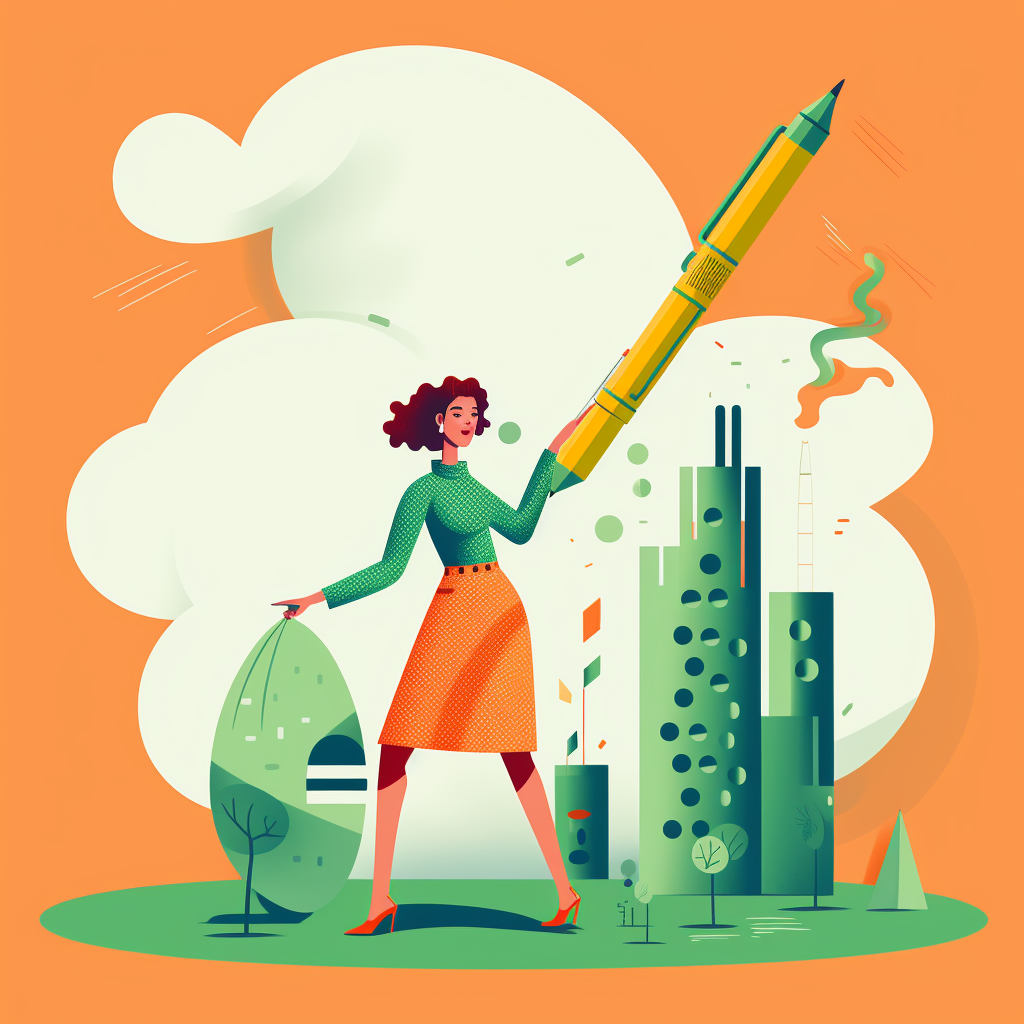 Woman holding giant pencil and notebook