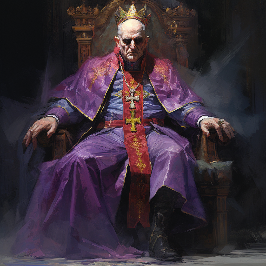 Corrupt evil archbishop in purple clothes