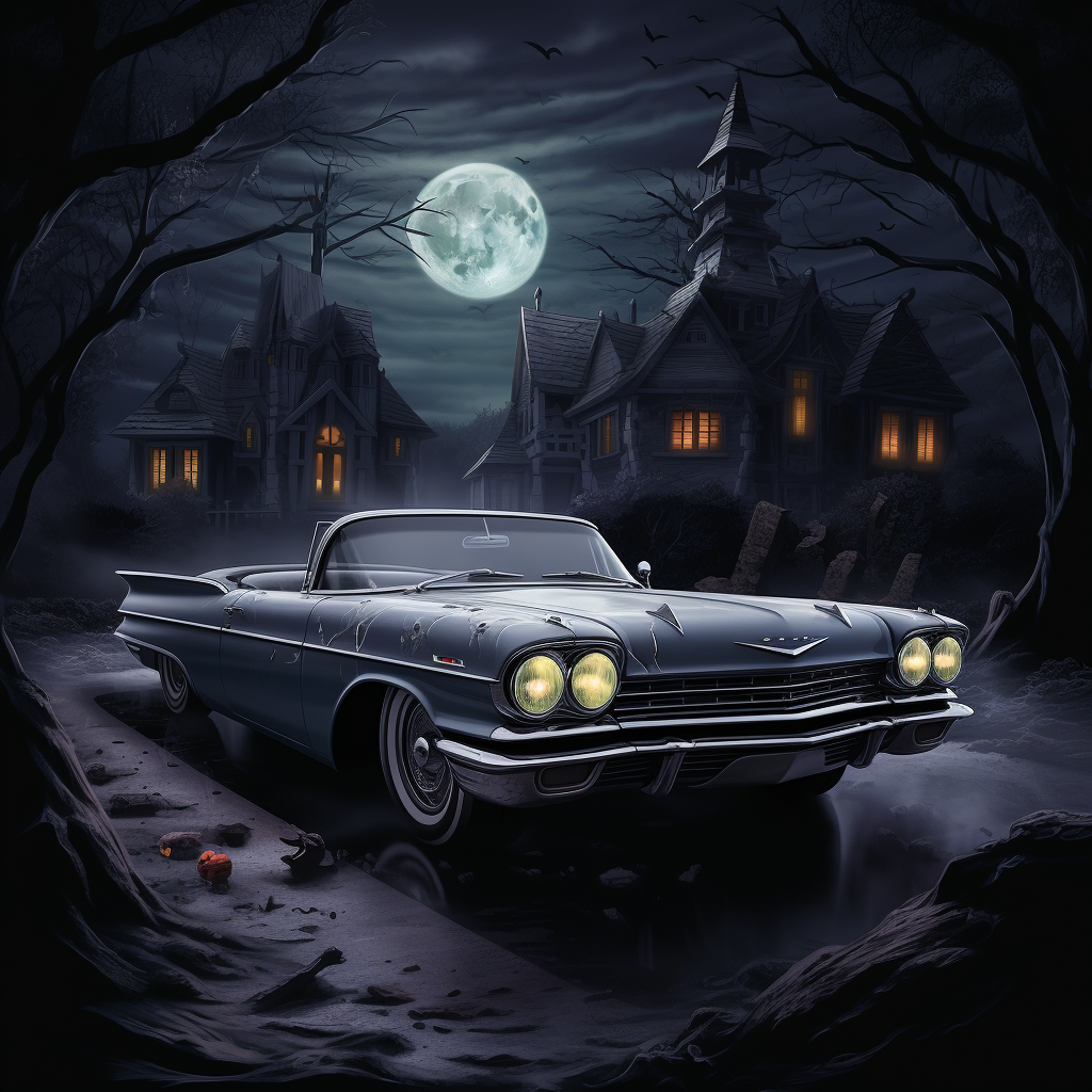 Haunted mansion with Corvair convertible