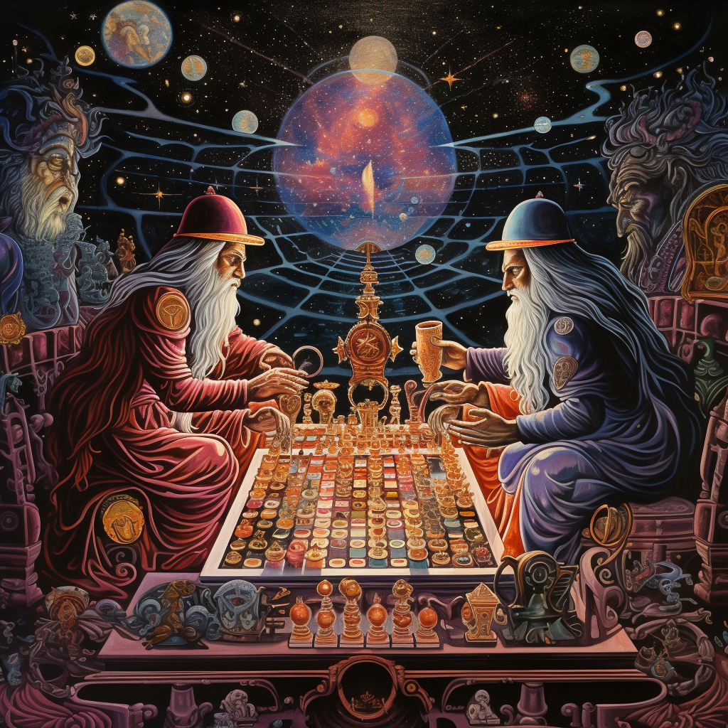 Divine Entities Engaged in Cosmic Chess Game