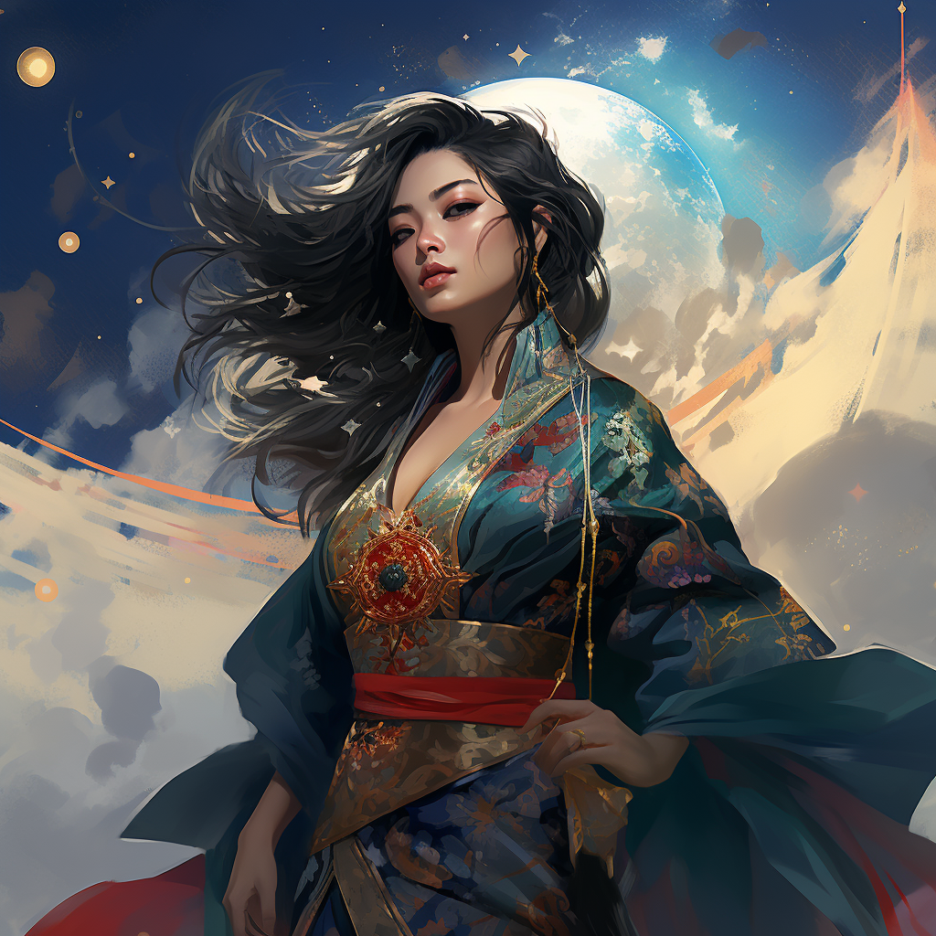 Beautiful Japanese woman in cosmic kimono