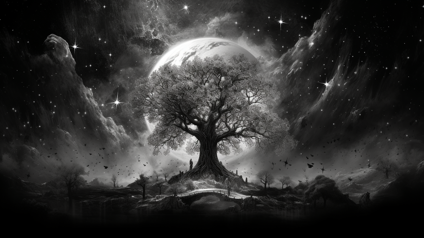 Black and white cosmic tree of life