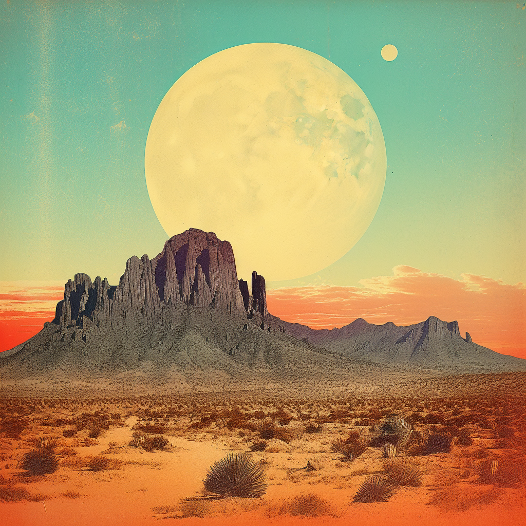 Cosmic desert with golden moon and colorful art