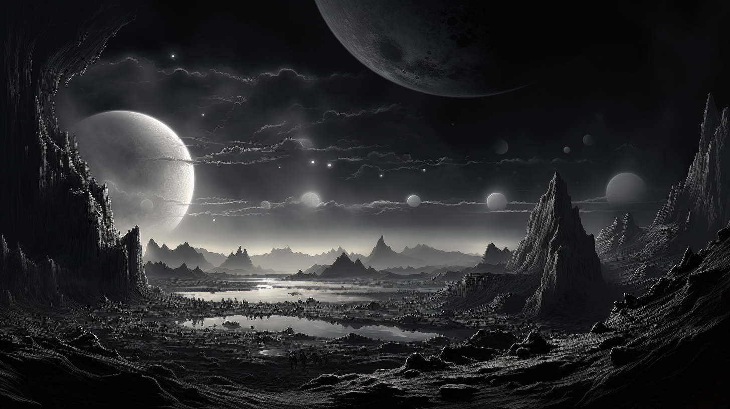 Black and white cosmic scene artwork