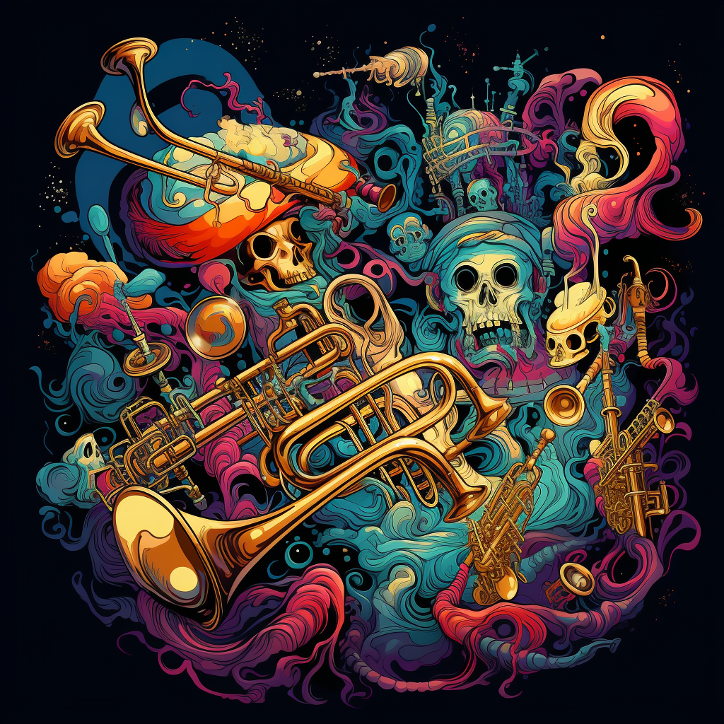 Psychedelic brass players in cosmic form