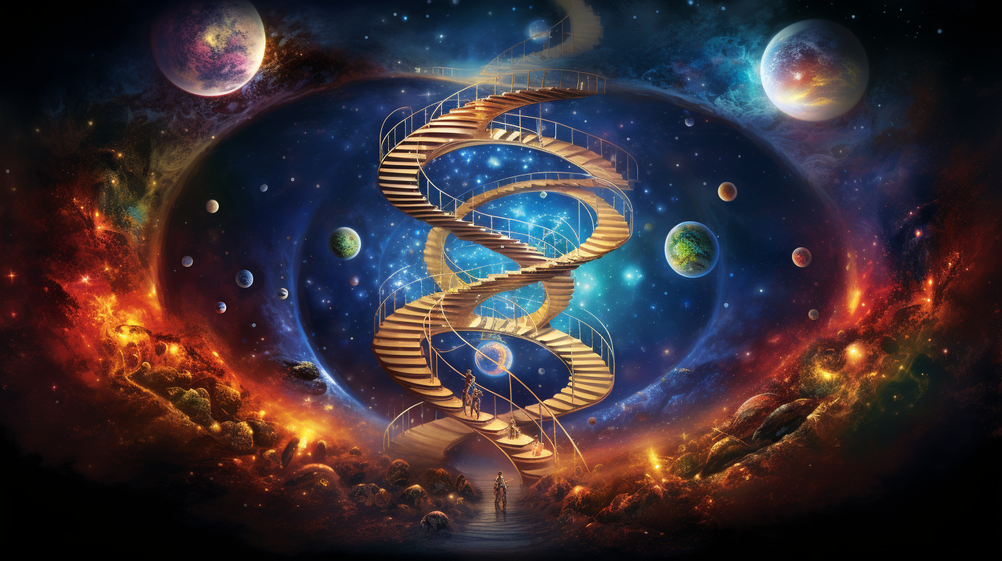 Cosmic DNA Helix surrounded by atoms, planets, plants, and animals