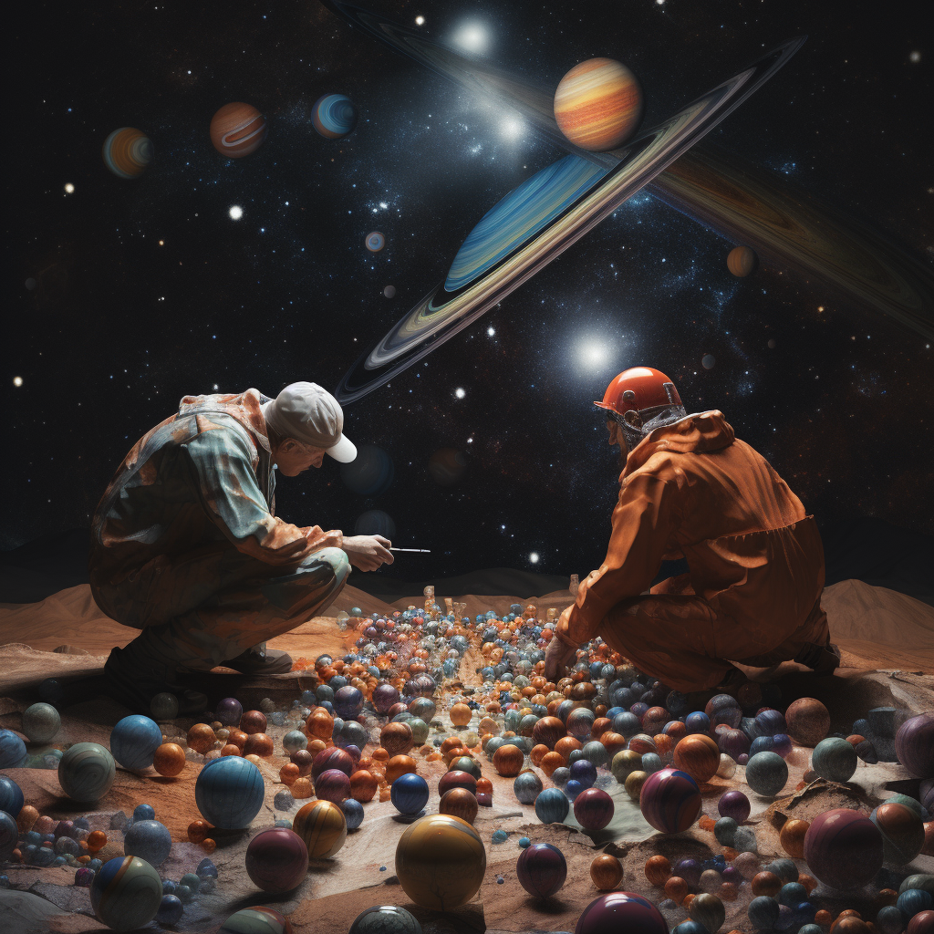 Two cosmic giants playing marbles with planets