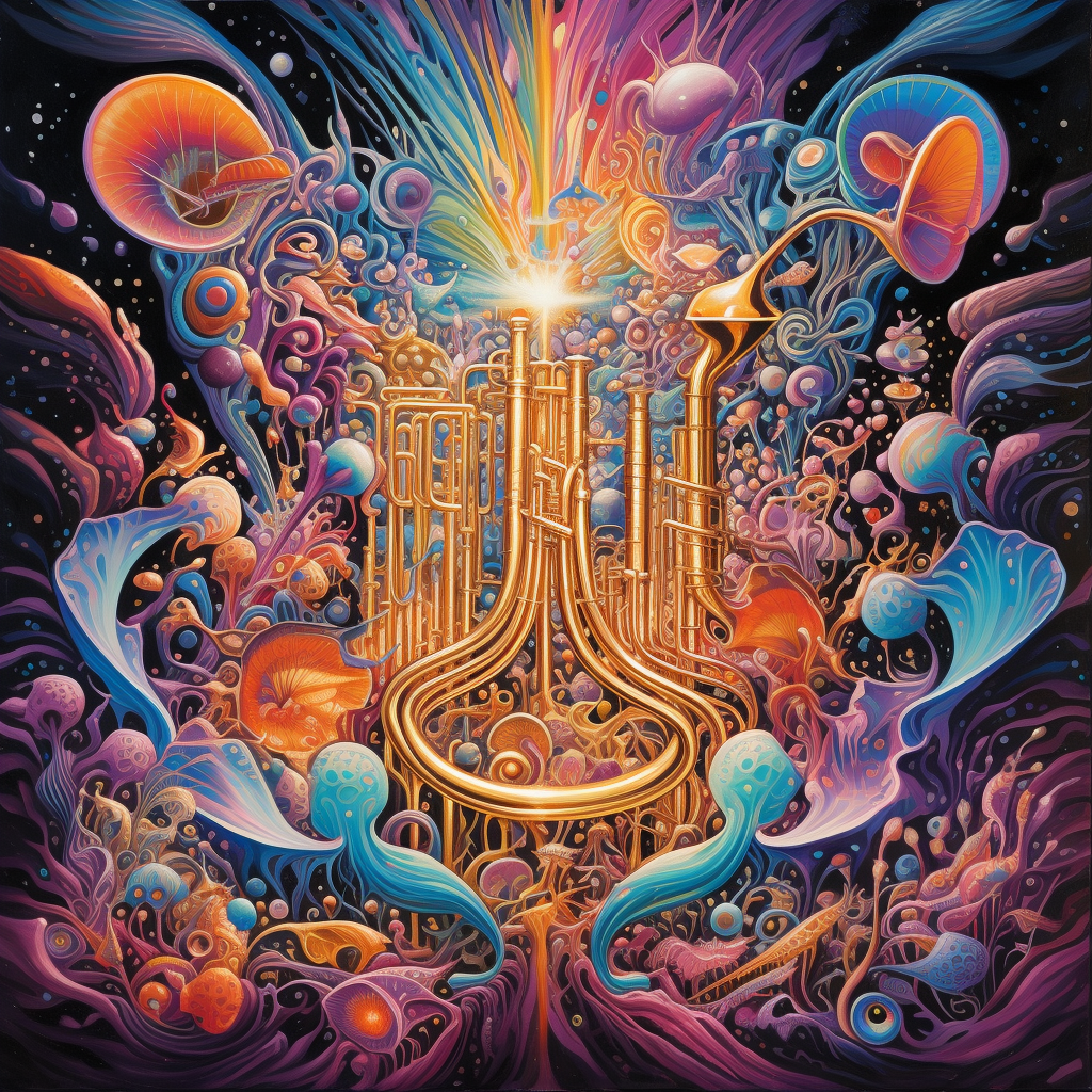 Psychedelic brass instruments creating cosmic music