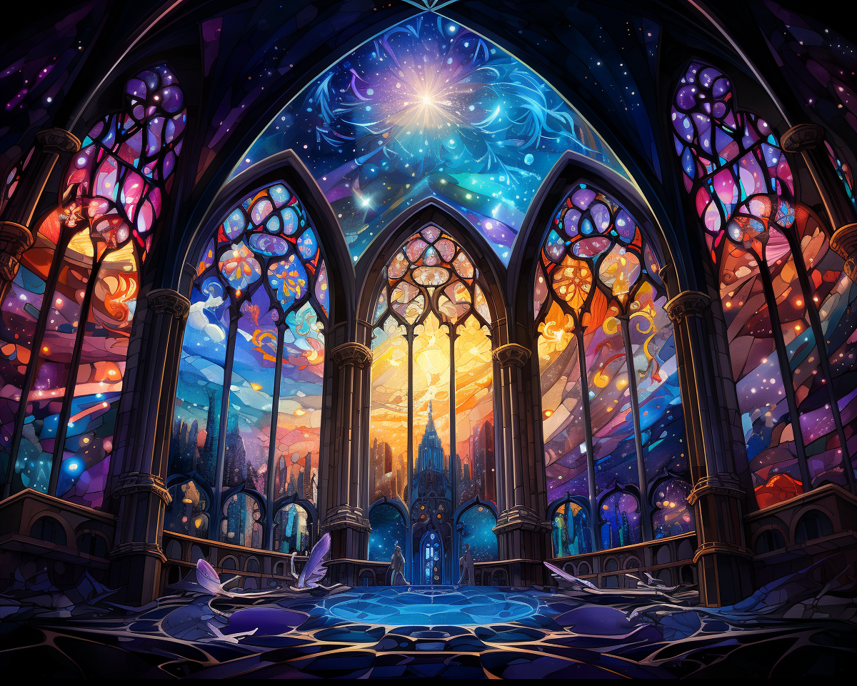 Colorful styled stained glass windows in the Cosmos Cathedral