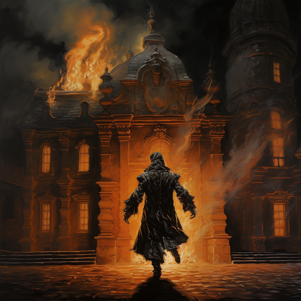 Cossack man in burning palace at night