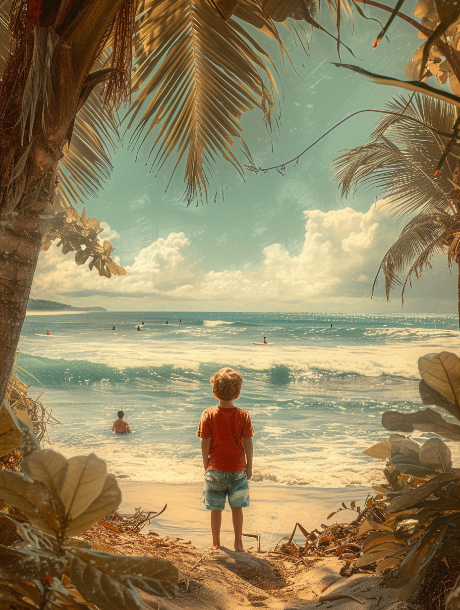 Costa Rican Boy Watching Surfing on Tropical Beach