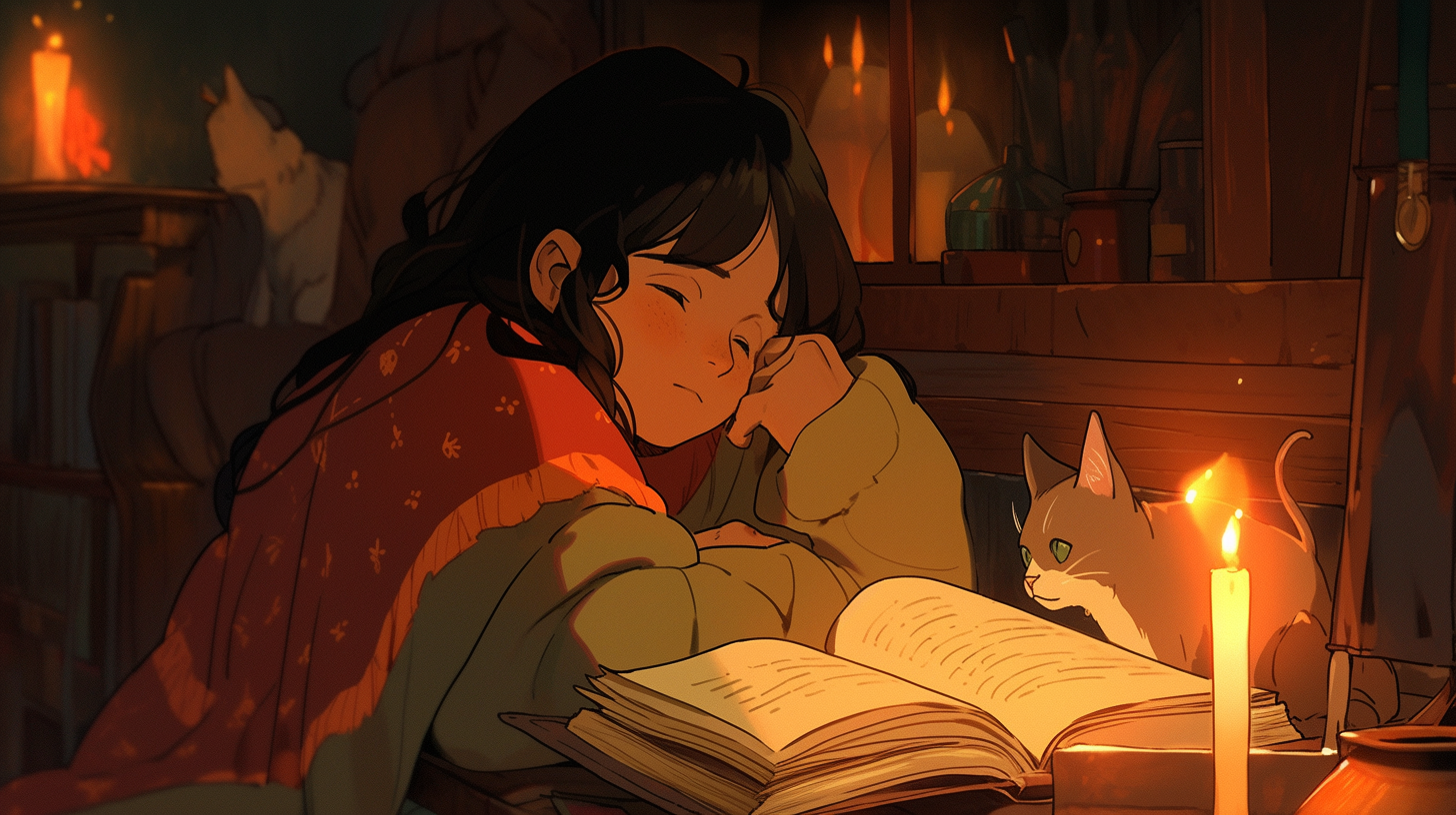 Cozy Anime Cat Human Reading Book