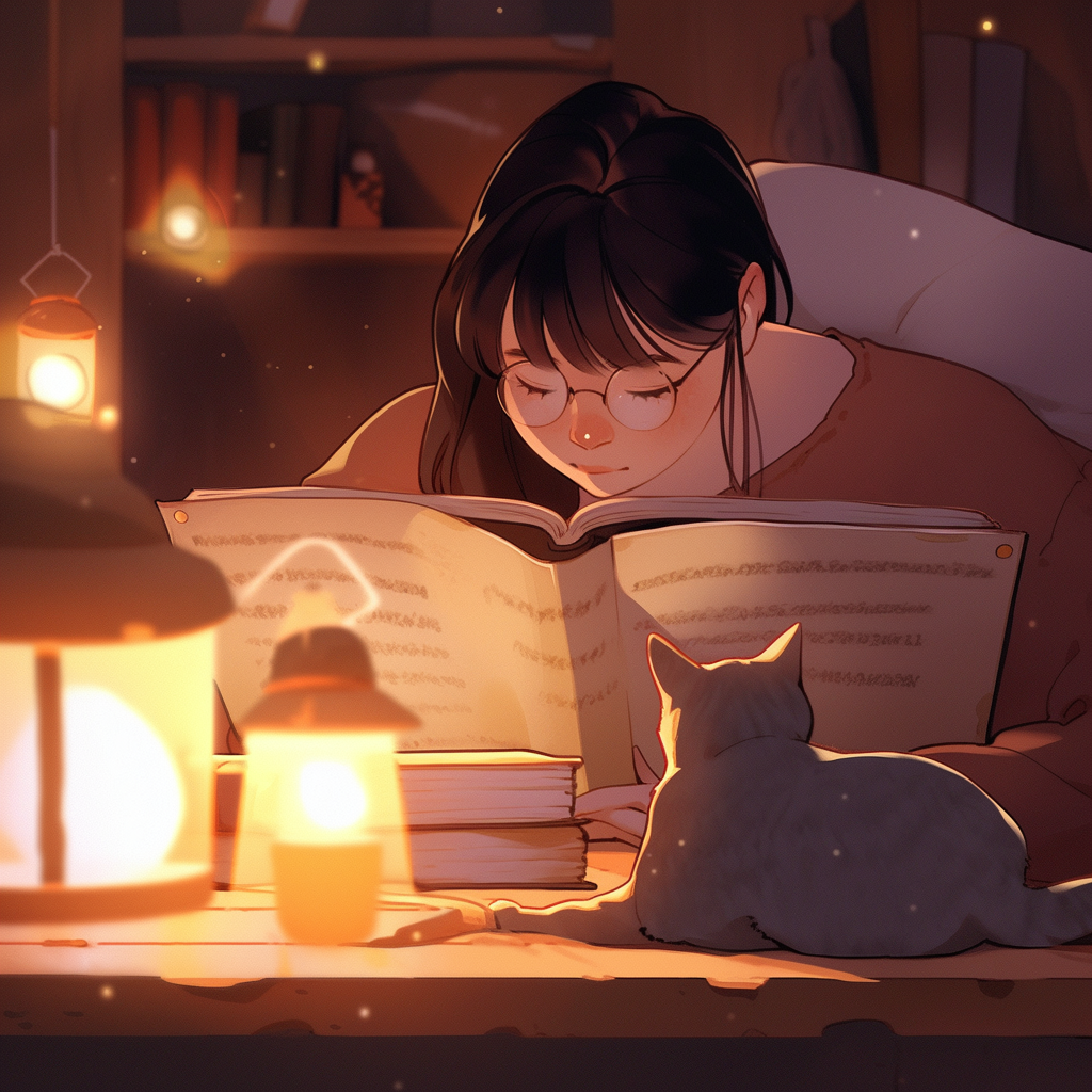 Anime cat reading in dim light