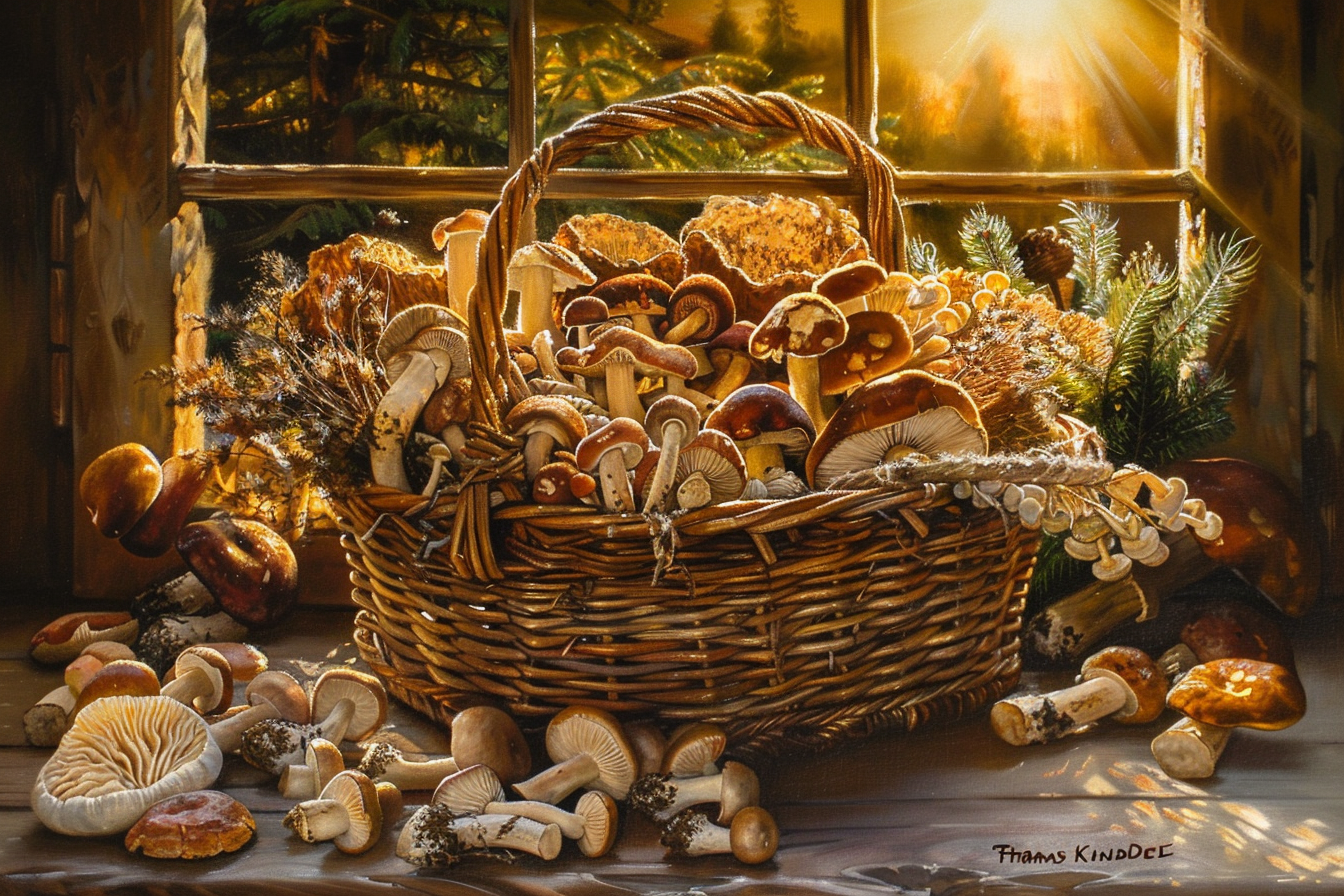 Edible porcini and birch mushrooms basket