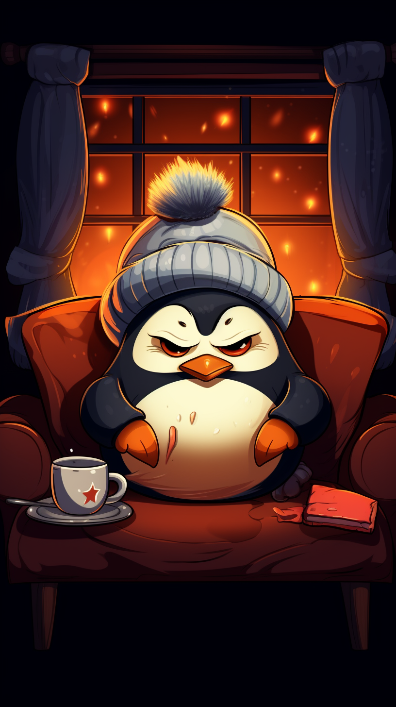 Adorable penguin sipping hot chocolate by the fireplace