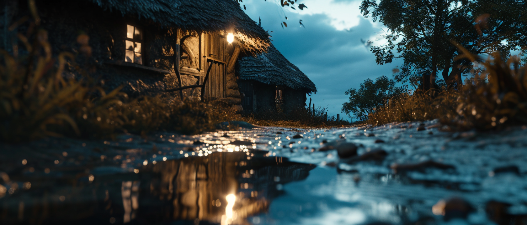 Cinematic Reflection of Isolated Thatched Cottage