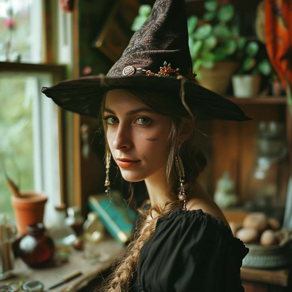 Cottage witch with beautiful face and braided updo