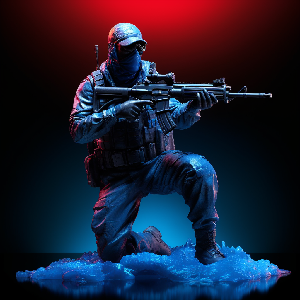 Counter-Strike character holding sniper with floating marble statue