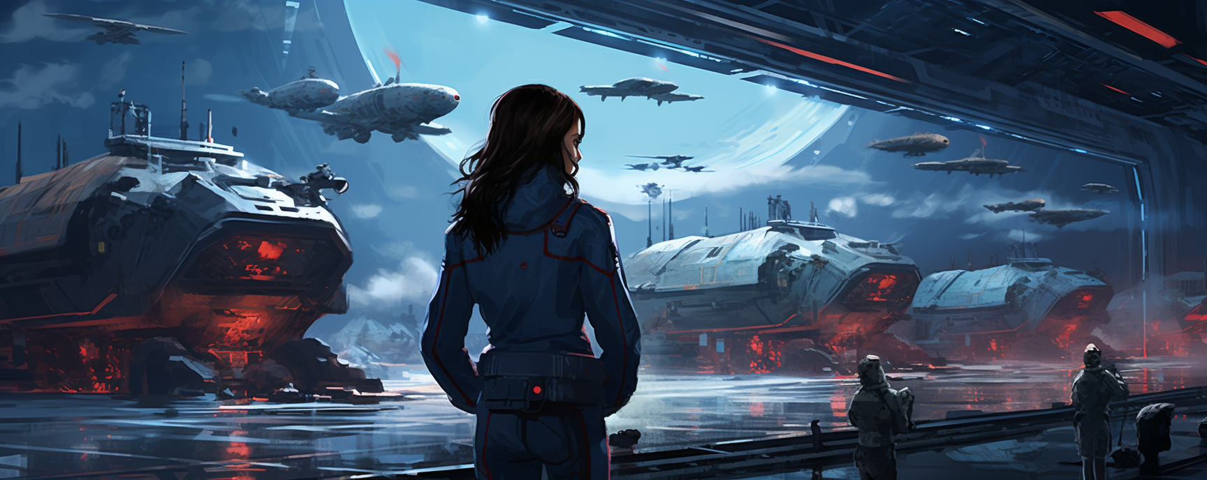 Woman counting spaceships in hangar