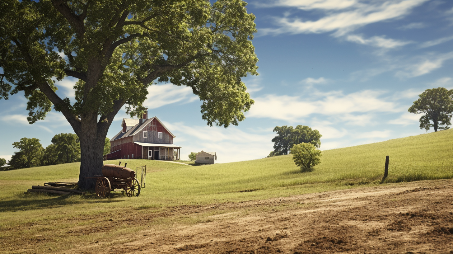 Beautiful country landscape with barn and oak tree