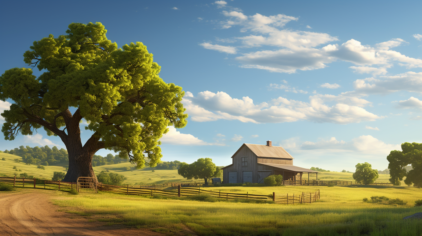 Scenic countryside with old barn and oak tree