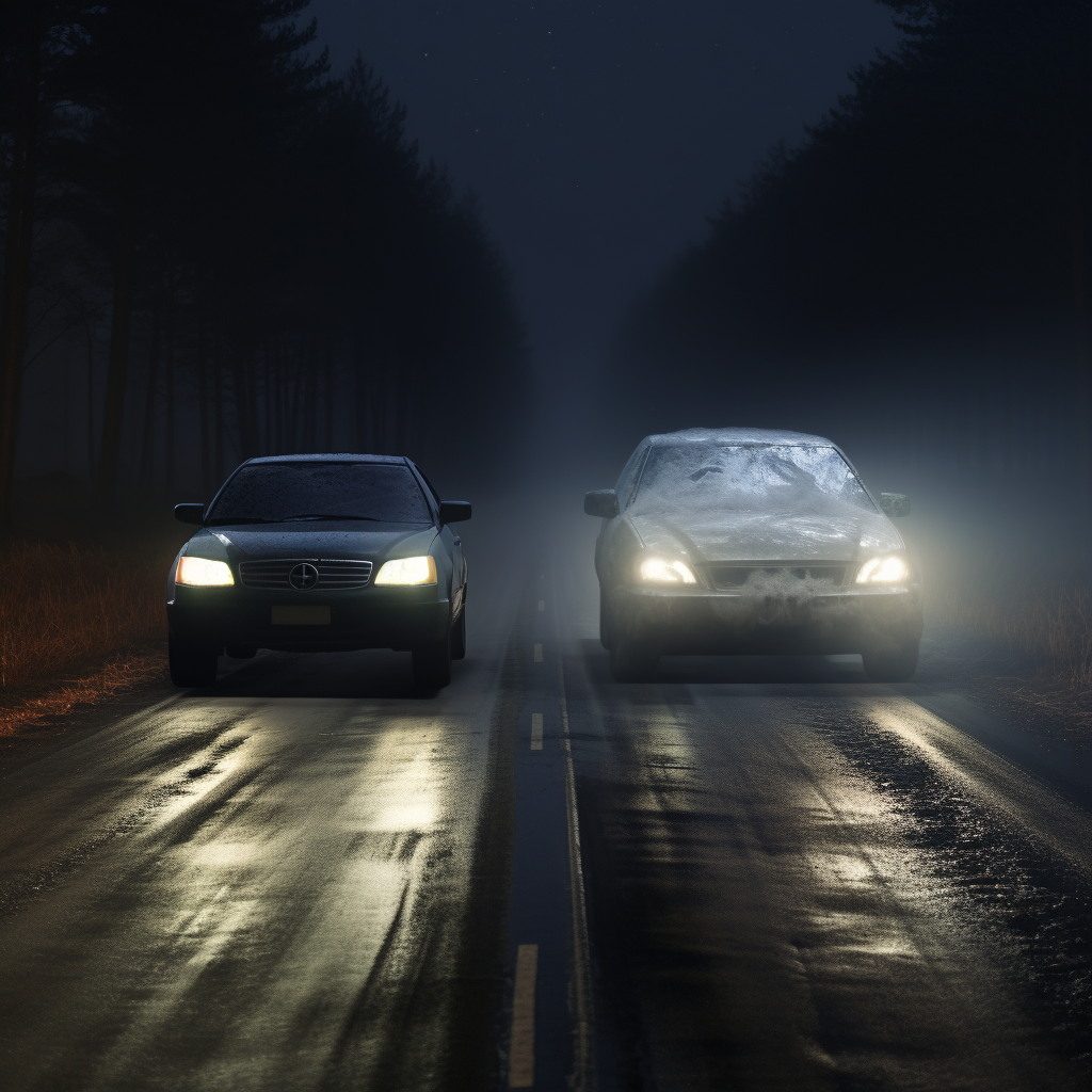 Cars driving on country road at night with different headlights