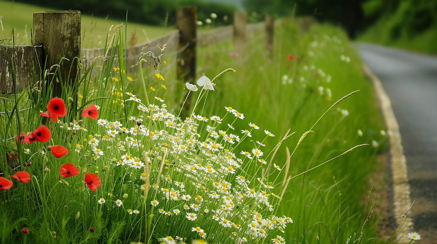 Country road with summer wildflowers by the fence