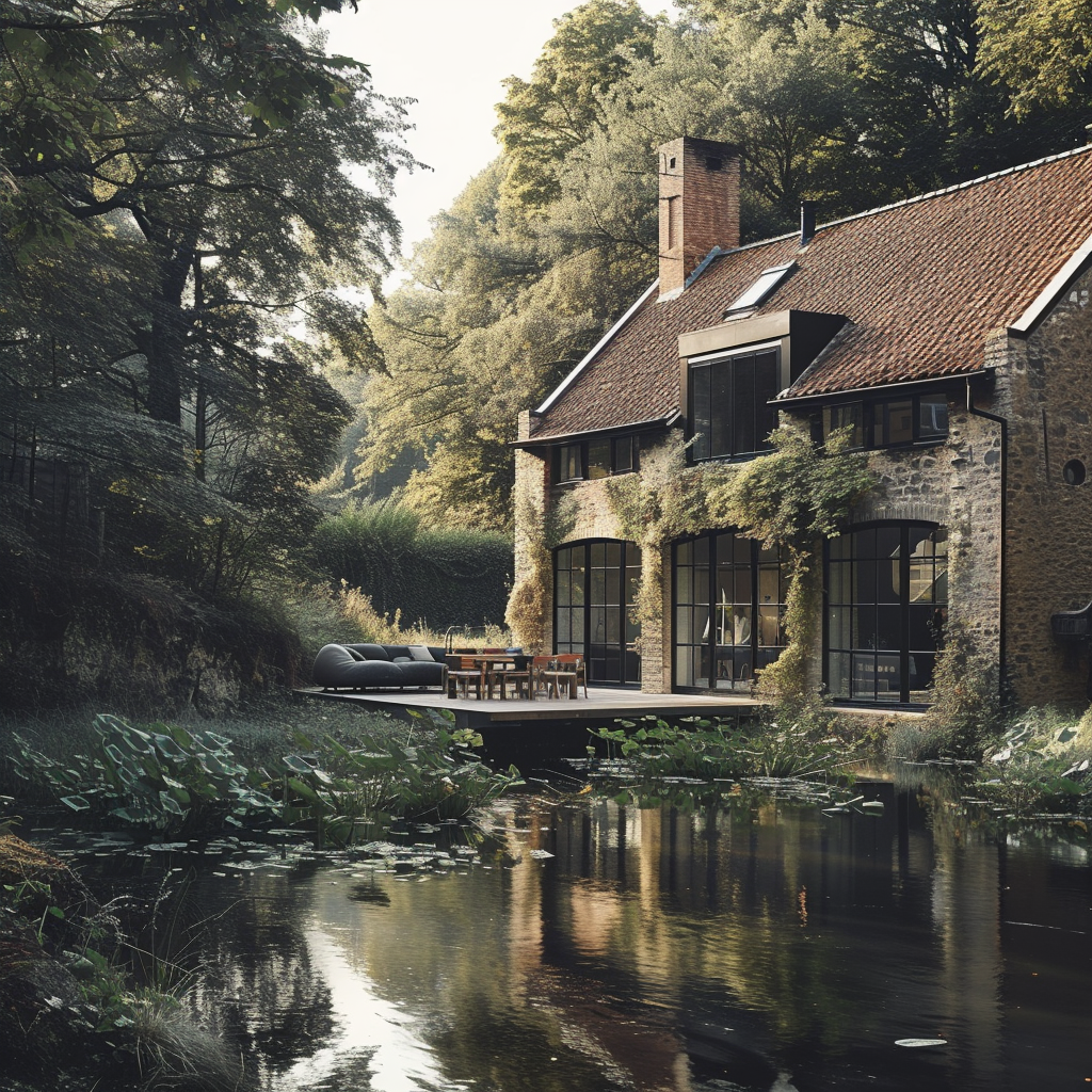 Classic converted countryside forest mill near river