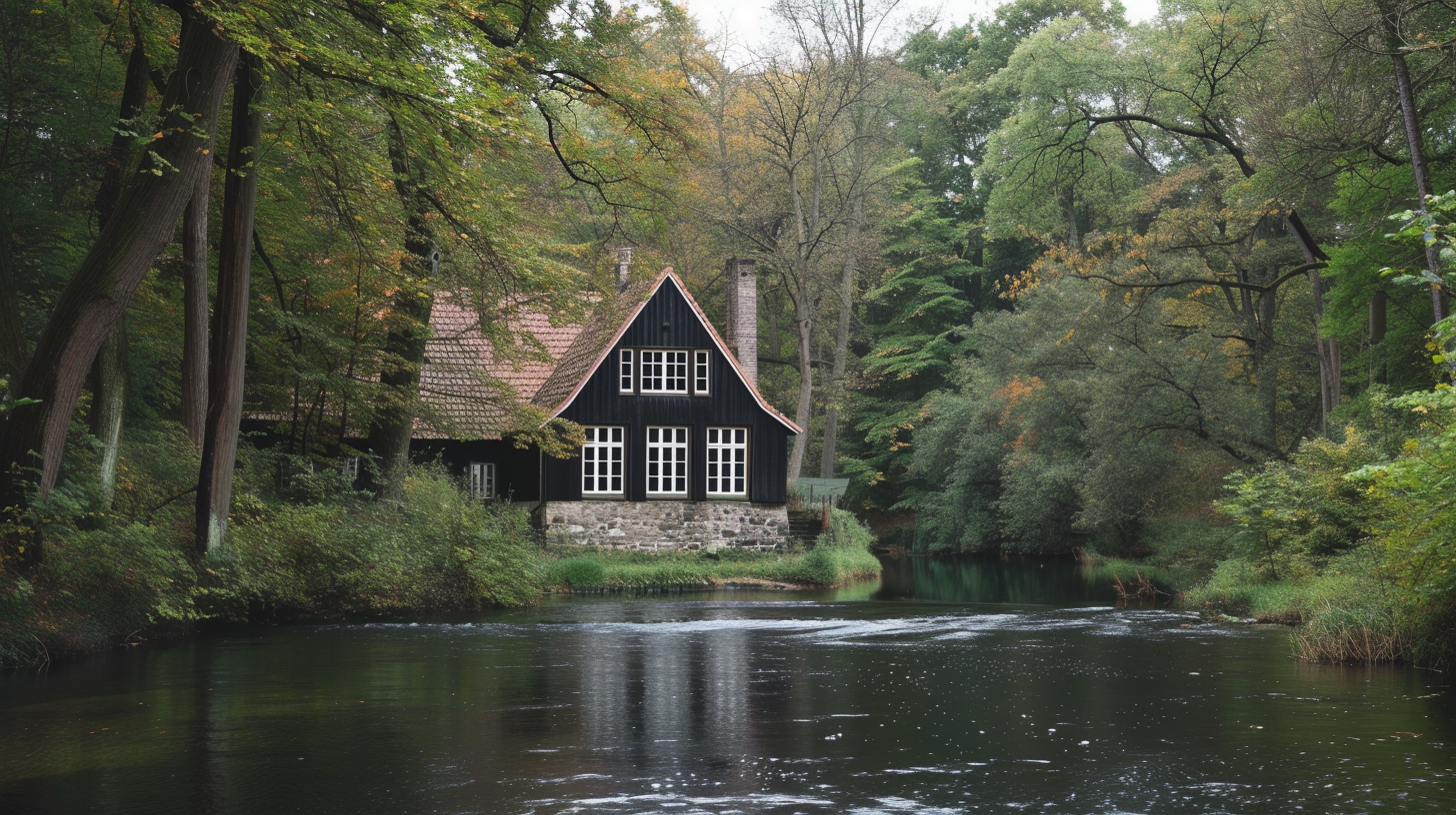 Exterior shot of classic converted countryside forest mill near river in Denmark