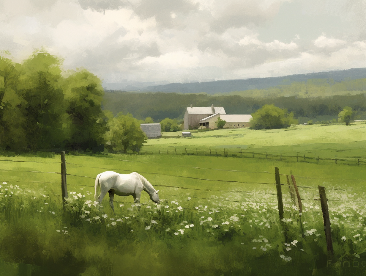 Oil painting of rolling green hills with white flowers and a grazing white horse