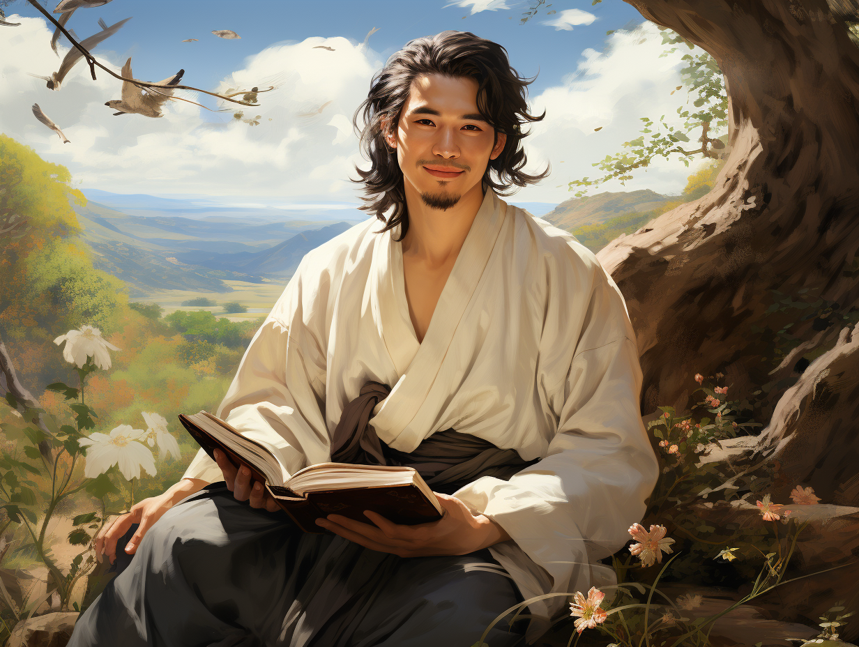 Chinese man reading book in countryside