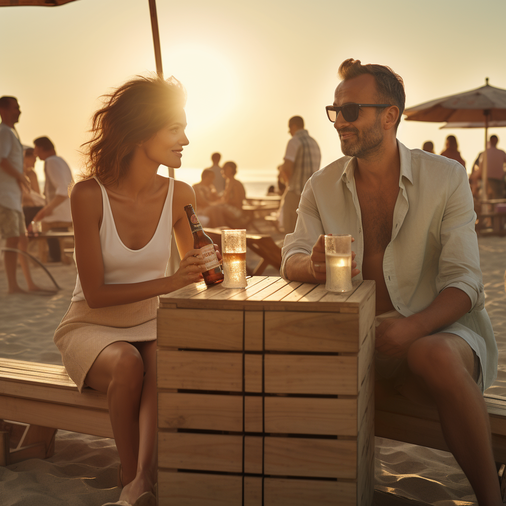 Happy couple on beach at sunset