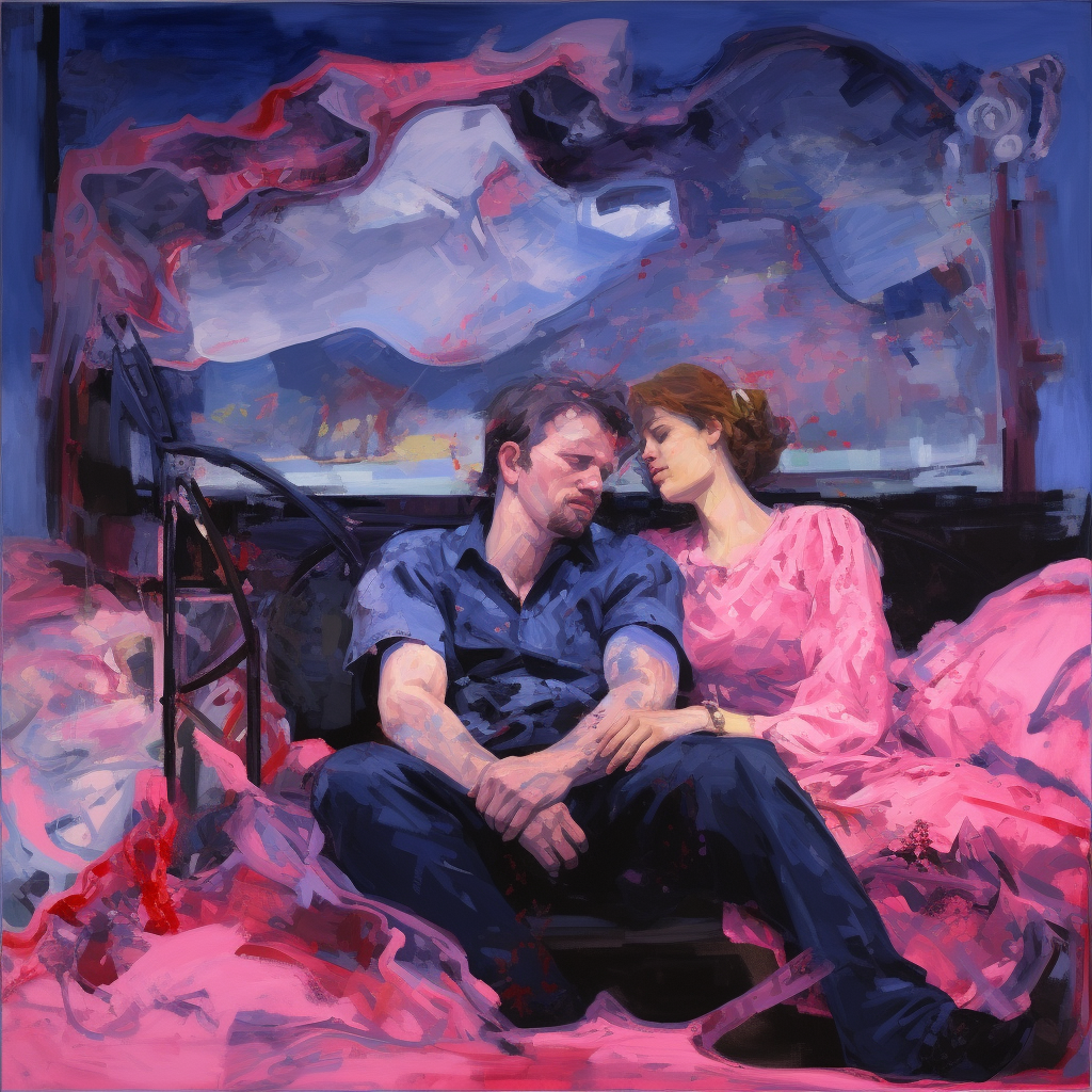 Abstract painting of a couple on bed