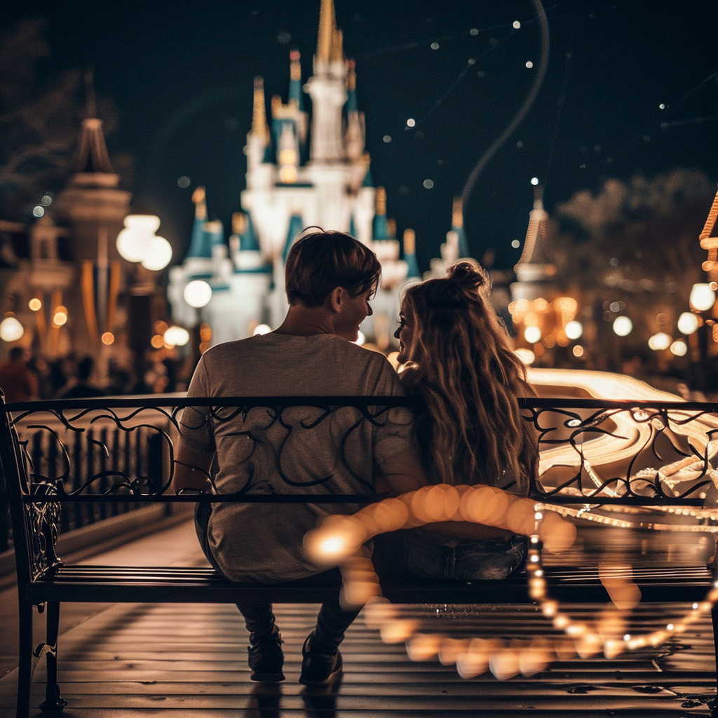 Couple sitting on bench in front of Disney Castle with sparkles