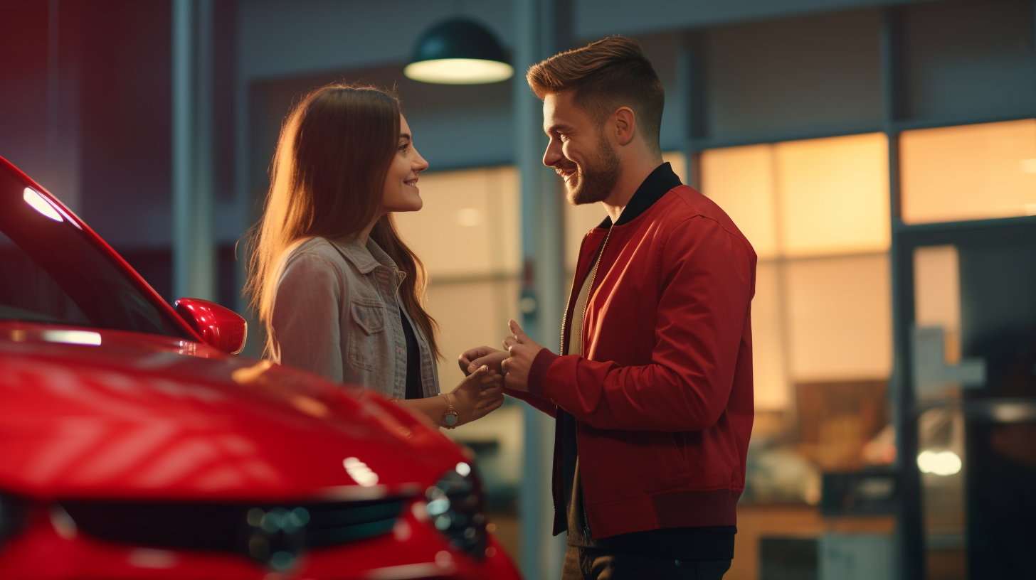 Couple buying a red car in an automotive agency