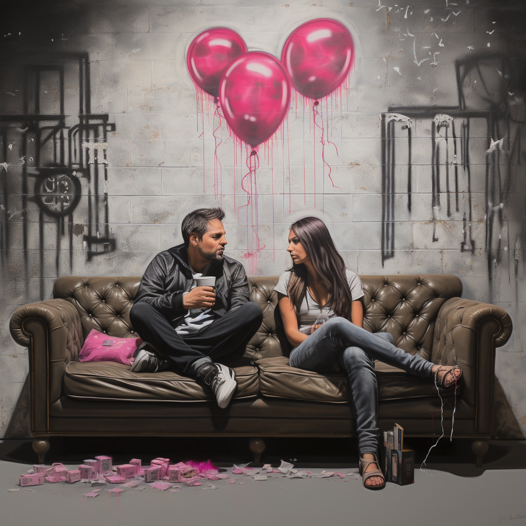 Couple relaxing on sofa in Banksy-inspired art