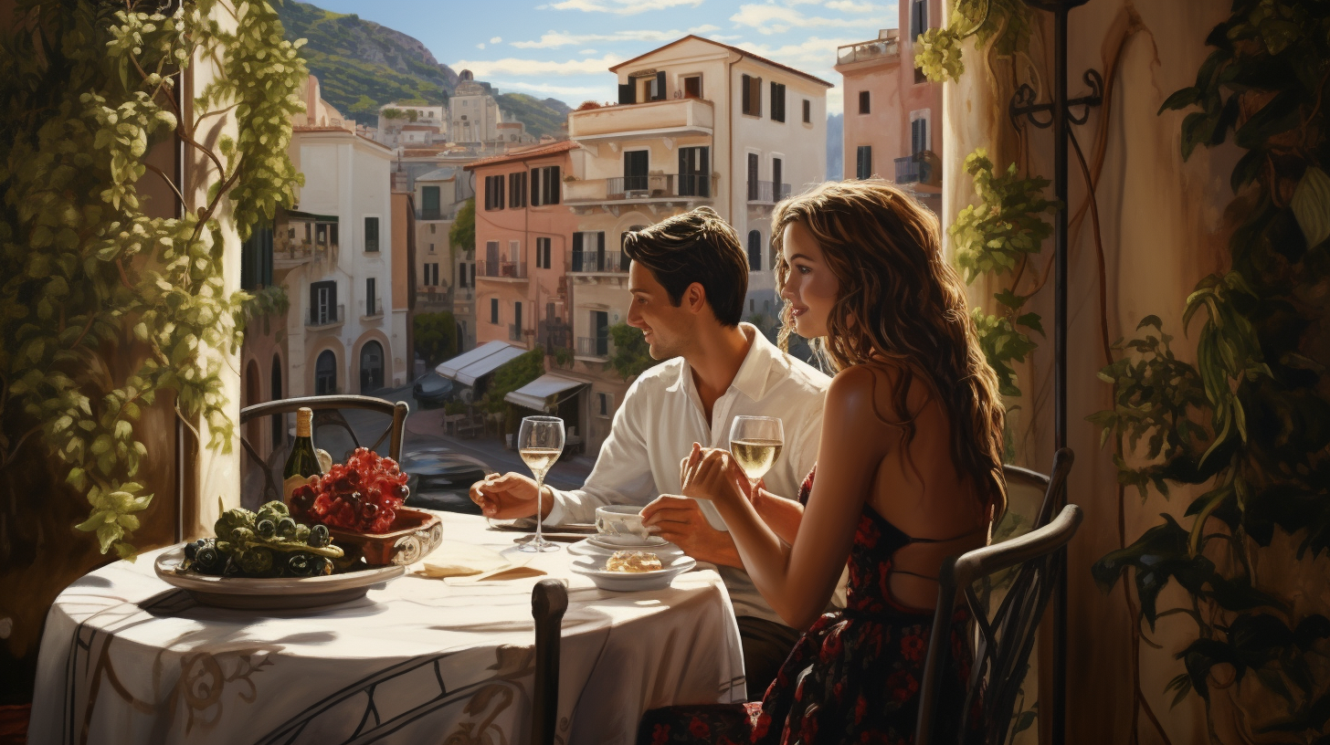 Couple enjoying outdoor dining in Italy