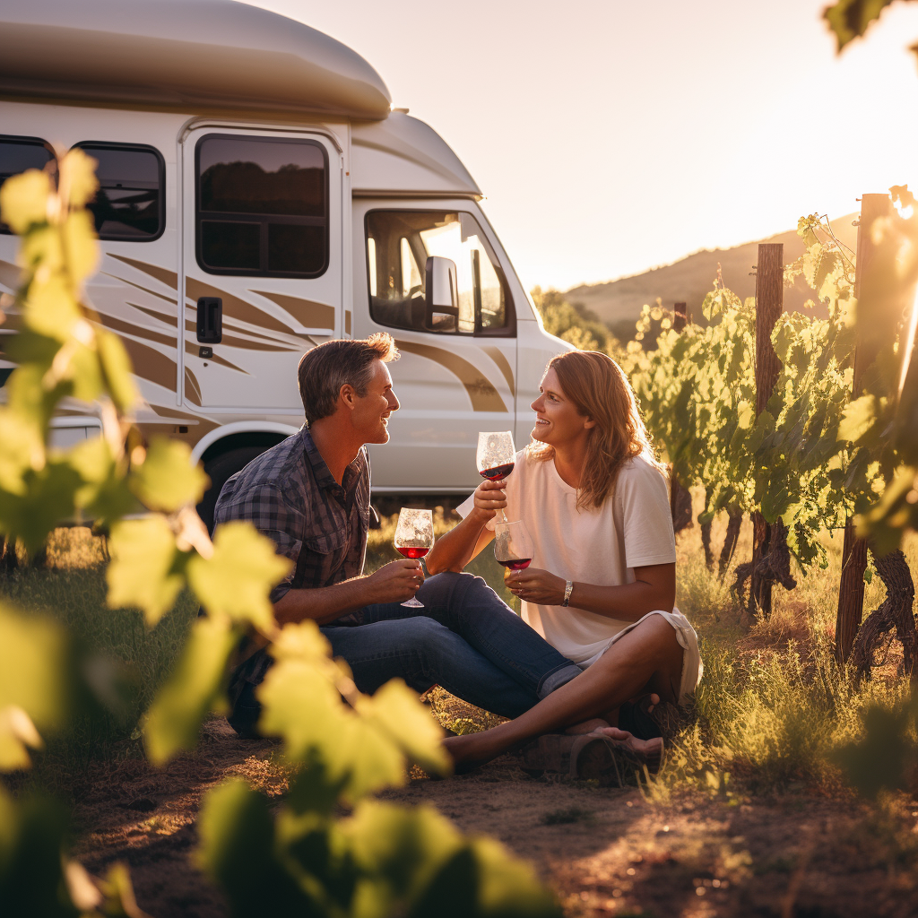 Couple enjoying wine surrounded by grapevines