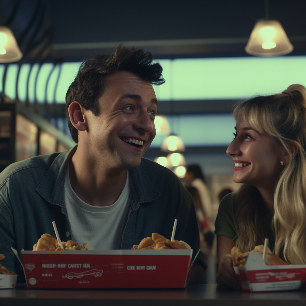 Couple enjoying French fries at KFC