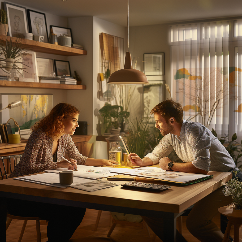 Couple examining financial documents with calculator, laptop, and brochures