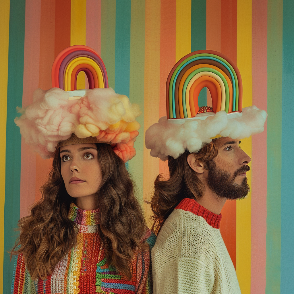 Couple Hats Rainbow Clouds Fantasy