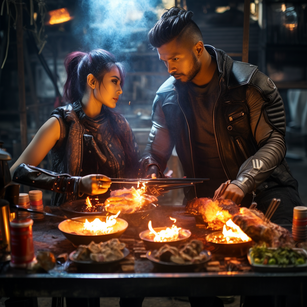 Couple enjoying a rare BBQ in cyberpunk setting